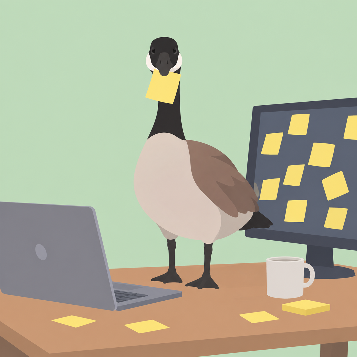 A Canada goose standing on an office desk between a laptop and a monitor covered in yellow sticky notes, holding one sticky note in its bill and staring straight at you.
