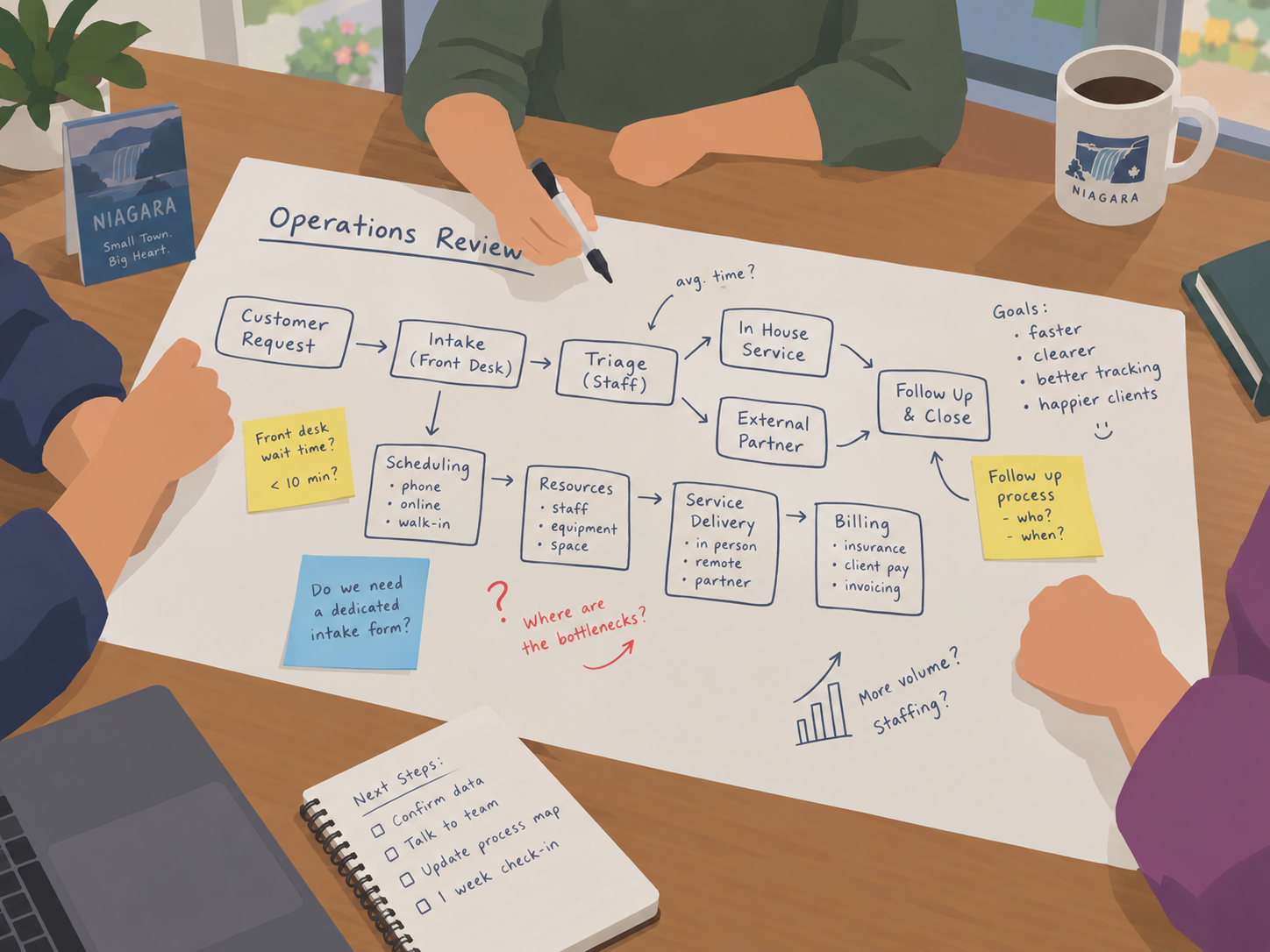 An operations review in progress: a large hand-drawn process map on a sheet of paper spread across a front-desk counter, with boxes for customer request, intake, triage, scheduling, service delivery, billing and follow-up joined by arrows, plus sticky notes asking about front-desk wait time and bottlenecks. Three people's hands are around the sheet, one holding a marker, beside a notebook of next steps and a Niagara coffee mug.